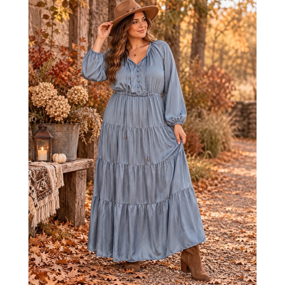 PrettyGarden XL Blue Boho Maxi Dress Tiered Long Sleeve Button Tie Neck EE55